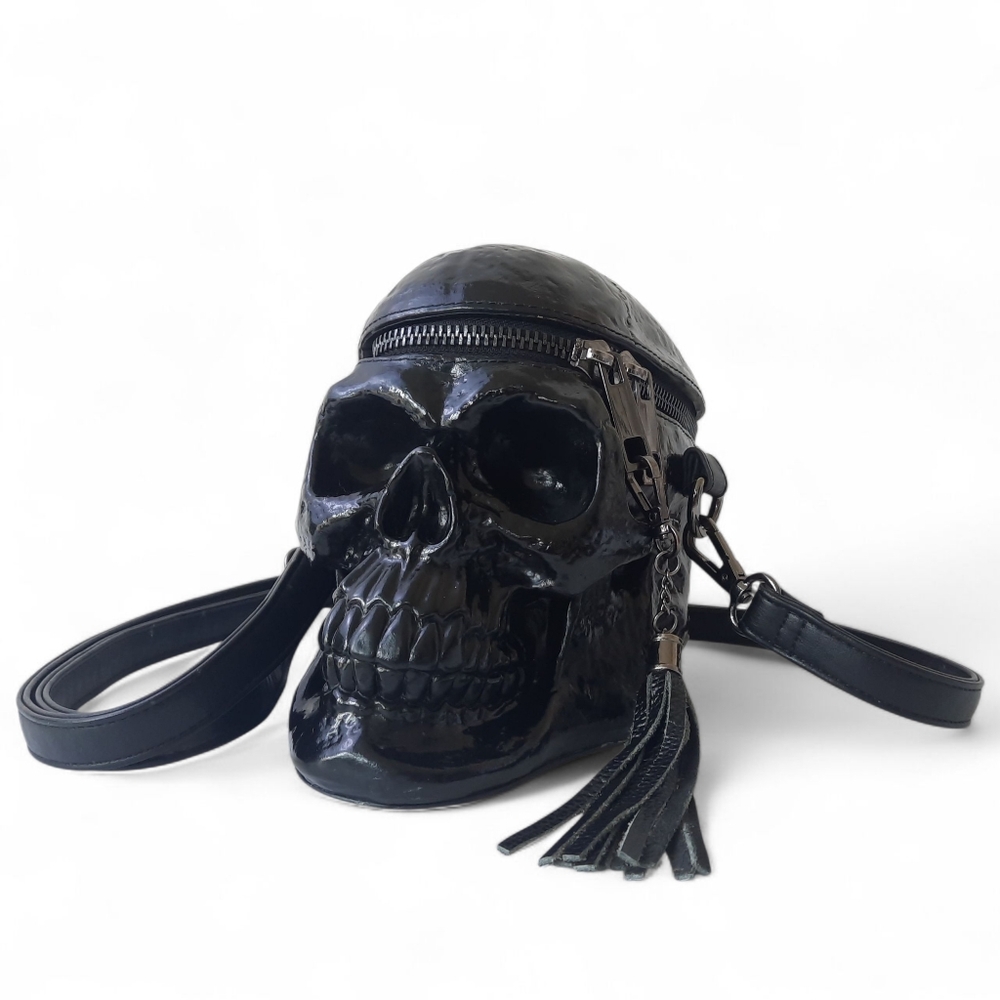Steampunk Skull Enamel Crossbody Unisex Goth Zip Tassel Head Halloween Emo
